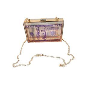 Novelty 100 Bill Purse Gold Chain Clear